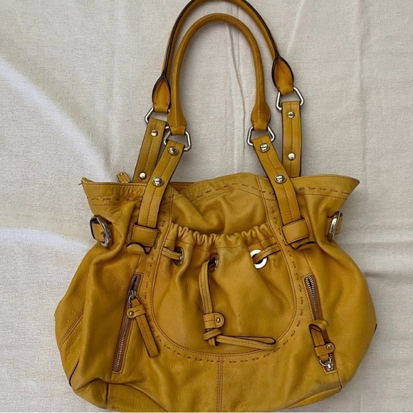 B Makowsky Mustard Yellow Leather Handbag Tote Satchel - Picture 1 of 7